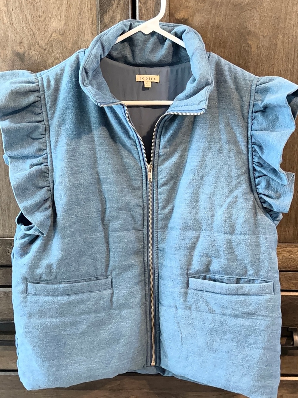 JODIFL Light Blue Quilted Ruffle Sleeve Zip Front Vest
